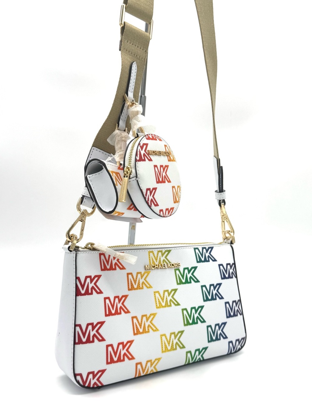 Michael Kors Jet Set Price Medium Crossbody W Tech Accessories Rainbow MK Logo - Picture 2 of 10